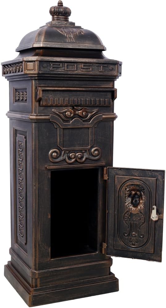 Copper Mailbox, Large Lockable Package Drop Box with Roman Statue, Rustproof Cast Aluminum Mail Boxes for Outside, Vintage Post-Mount Design, Weatherproof & Elegant Garden Letter Box (Bronze)