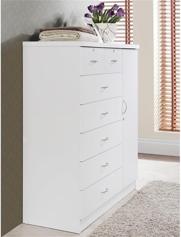 BOWERY HILL 7 Drawer Chest, White Wood, 48.6 in H x 47.2 in W x 17.6 in D, 2 Locking Drawers and Door with Shelves, Hanging Rod, Adjustable Shelves, Bedroom Storage Furniture