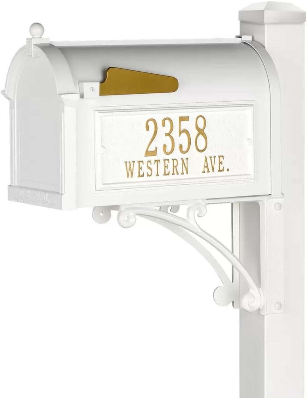 Whitehall White Superior Mailbox Package with Personalized Side Plaques & Post Fashion and Function with a Classic Design Including Street Name for Enhancing Curb Appeal of Your Home