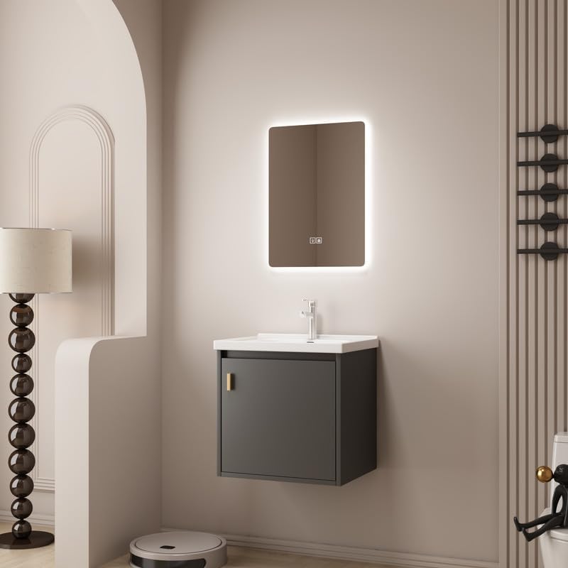 20' Small Bathroom Vanity Wall Mounted,Small Bathroom Vanity with Ceramic Sink, Modern Bathroom Vanity with Soft-Close Drawers, Chrome Faucet, Pop up Drain, P-Trap (Grey)
