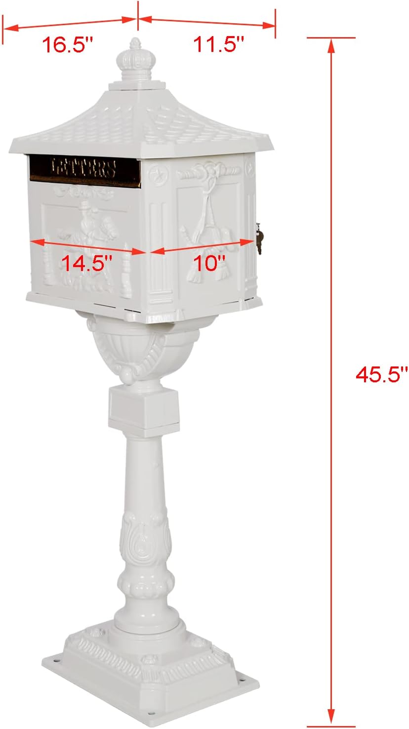 Montary Cast Aluminum Mailbox with Post, Heavy Duty Locking Security Mail Box for House Outside, Vintage Rust-Proof Large Postal Box with Keys & Baffle Door Postal Mailbox (White)
