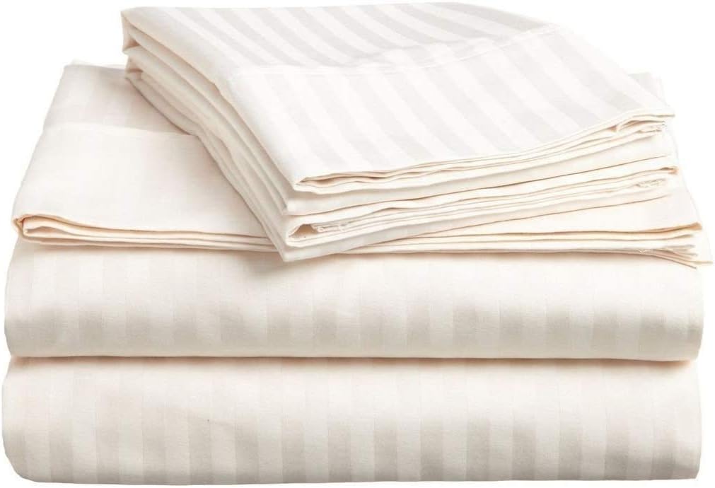 Split-Queen Sheets for Adjustable Bed Super Soft 1800-TC Heavy Egyptian Cotton 5-Piece Sheets Set Fits 28-30' Fully Elastic Deep Pocket (Stripe, Ivory)