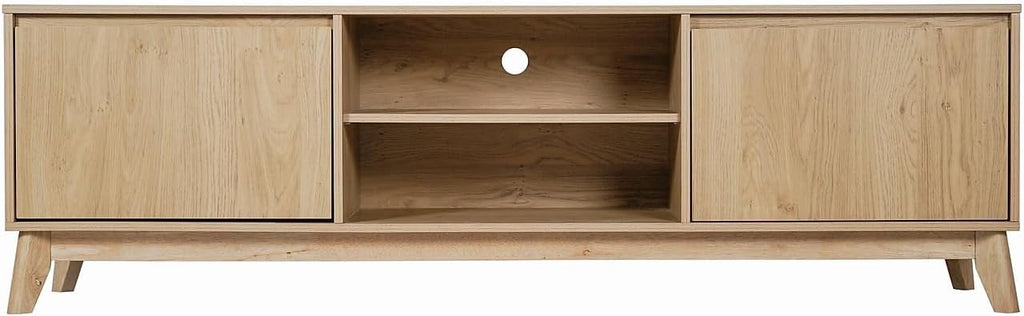 Flash Furniture Hatfield Mid-Century Modern TV Stand for 65+ Inch TV's - Light Natural Laminate Finish - 70' Media Center - Adjustable Center Shelf - Soft Close Doors