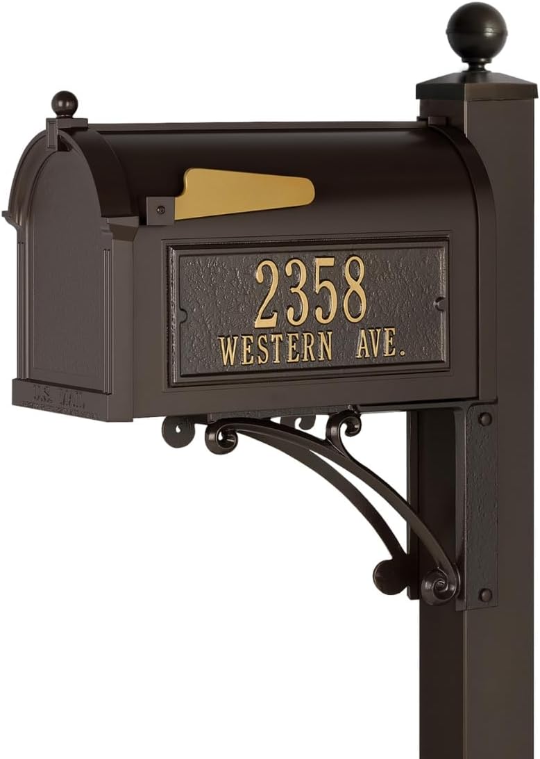 Deluxe Streetside Mailbox & Post in Bronze Personalized Side Plaques Oversized Mailbox for Home Exterior Durable Powder-Coated Cast Aluminum