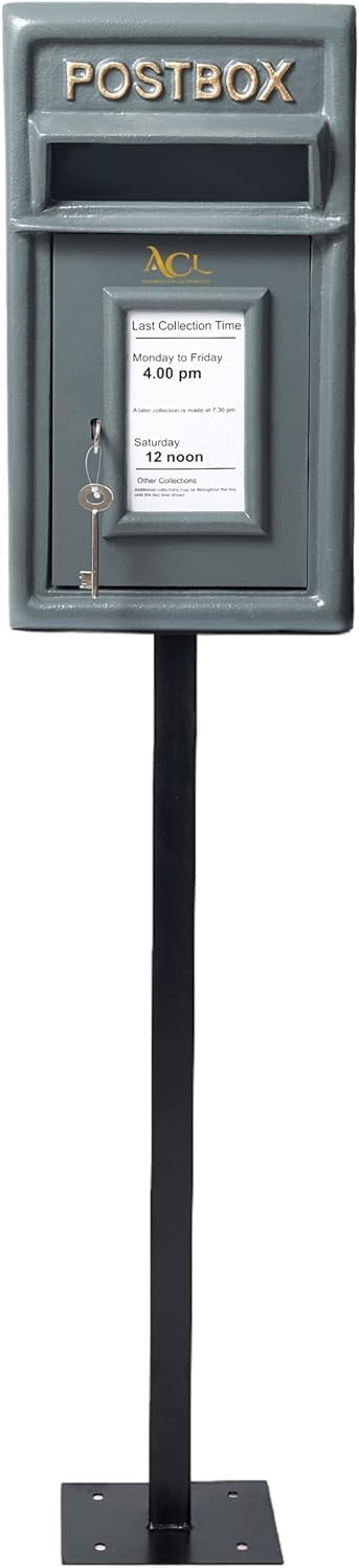 Post Box Classic Grey Large Letter Box Lockable with 2 Keys, Pole Mounted Heavy Duty Cast Iron Mail Box for Home Weatherproof Mailbox Easy to Install, 44 x 24 x 25 cms, 12.8 kg
