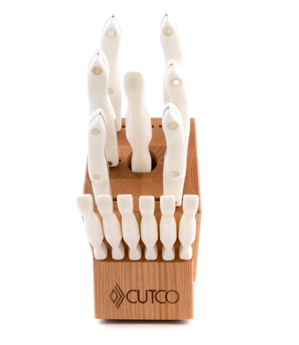 CUTCO Model 2008 Galley +6 Table Knives with White 'Pearl' Handles....13 High Carbon Stainless knives & forks in factory-sealed plastic bags........#1744 Honey Oak knife block and #125 10' x 14' Poly Prep cutting board included.