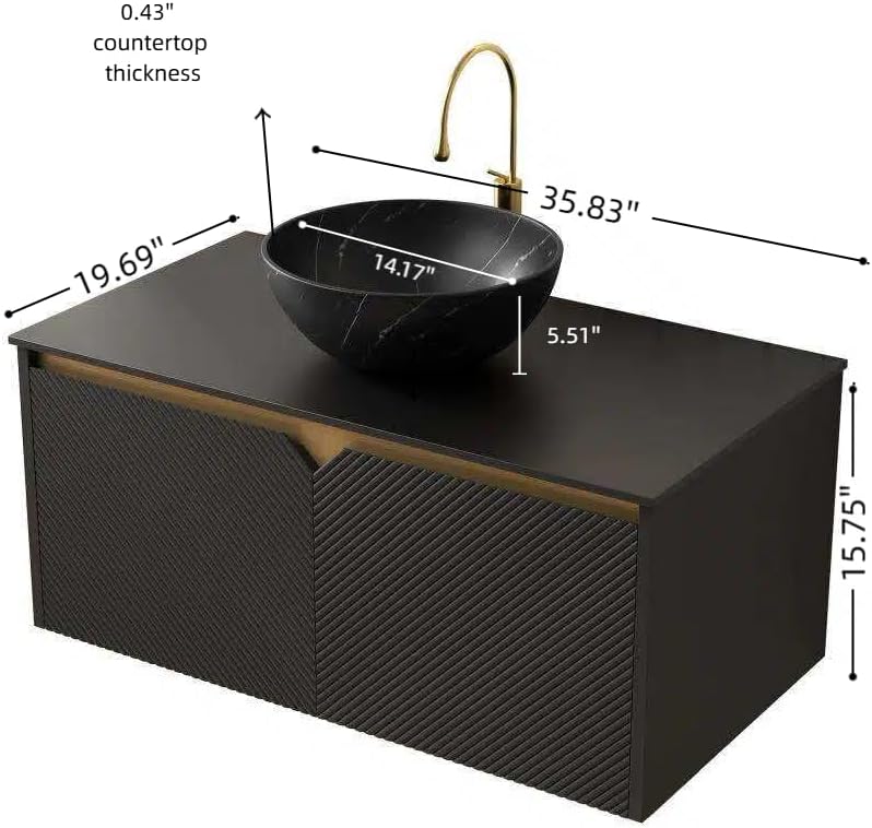 36 Inch Bathroom Vanity with Sink, Floating Fluted Vanity with Vessel Sink, Modern Bathroom Vanity Cabinet with 2 Doors, Bowl Vessel Sink & Sintered Stone Top, Black