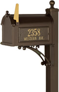 Whitehall Custom Extra Large Mailbox - Capitol Model with Address Plaque and Side Mount Post Package, Sand Cast Aluminum, Bronze Personalized in Goldtone