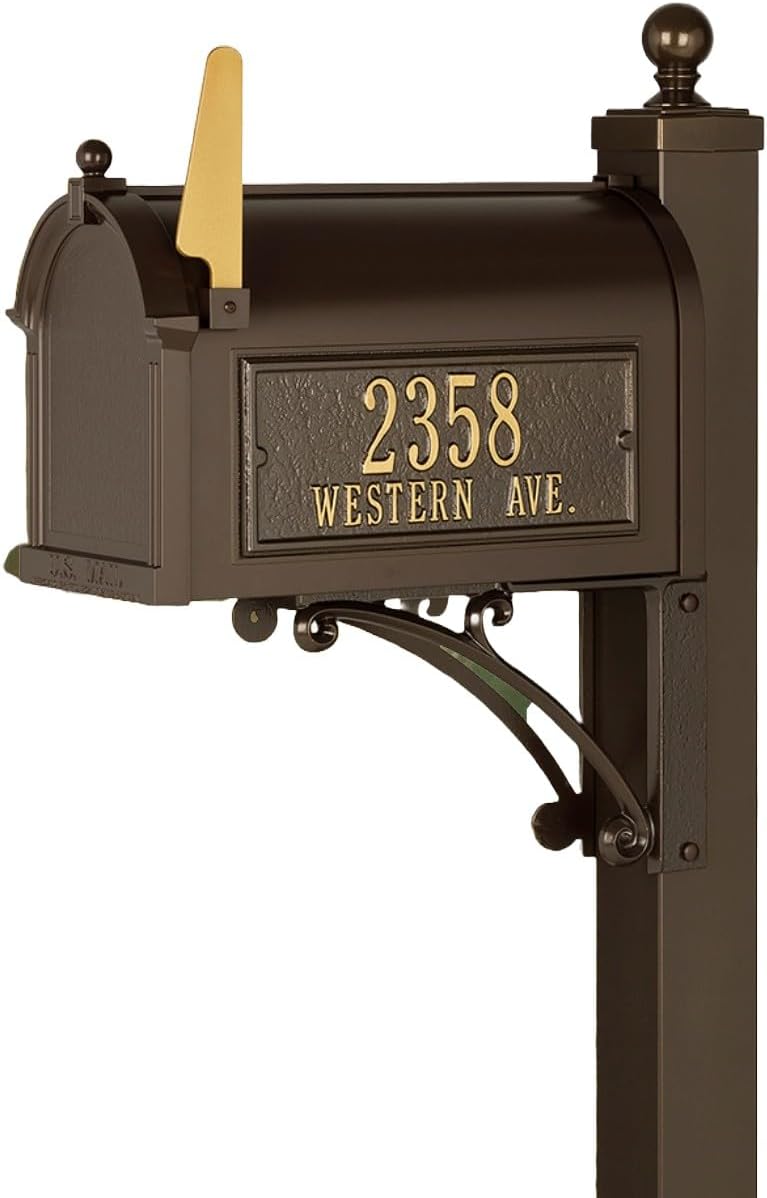 Whitehall Custom Extra Large Mailbox - Capitol Model with Address Plaque and Side Mount Post Package, Sand Cast Aluminum, Bronze Personalized in Goldtone