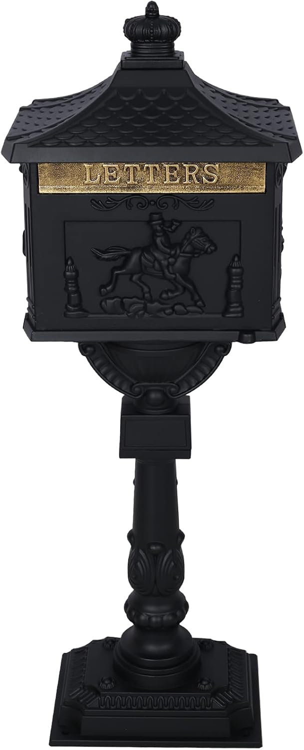 Montary Cast Aluminum Mailbox with Post, Heavy Duty Locking Security Mail Box for House Outside, Vintage Rust-Proof Large Postal Box with Keys & Baffle Door Postal Mailbox (Black)