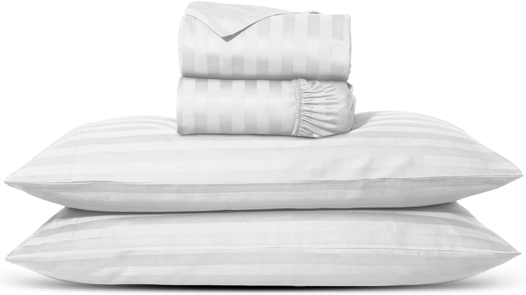 Carressa Linen 100% Egyptian Cotton California King Sheet Set - Luxury 1000 Series Orchids Collection Damask Striped Cal King Sheets (4 PC, White Stripe), Soft Cooling & Durable 16' Hotel Sheet