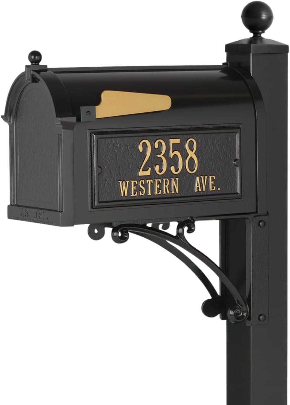 Whitehall Deluxe Mailbox with Post in Black Personalized Side Plaques Large Cast Aluminum Streetside Mailbox Decorative Scroll Post & Ball Finial