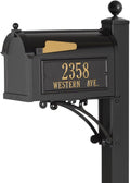 Whitehall Deluxe Mailbox with Post in Black Personalized Side Plaques Large Cast Aluminum Streetside Mailbox Decorative Scroll Post & Ball Finial
