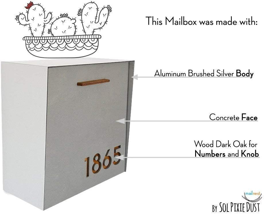 Wall Mounted Mailbox with Concrete Face (Door) - Brush Silver Aluminum (ACP) Body and Wood Numbers - Modern Design - Custom Mailbox - Postbox - Letterbox - Mailnest Type 1