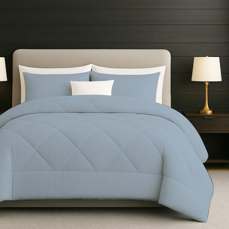 Egyptian Cotton Oversized Queen Size Comforter Sets - Light Blue Color, Soft Lightweight Bed Set, All Season Gray Bedding Sets - 1 Comforter & 2 Pillow case