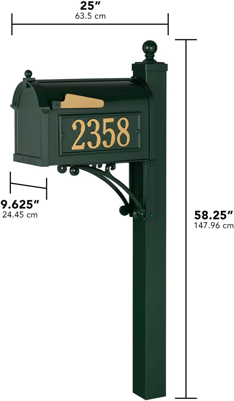 Whitehall Custom Extra Large Mailbox - Capitol Model with Address Plaque and Side Mount Post Package, Sand Cast Aluminum, Green Personalized in Goldtone