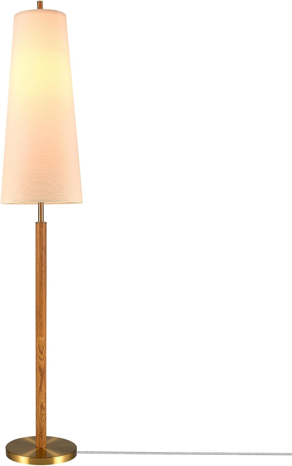 Globe Electric 61000173 63' Floor Lamp, Matte Brass, Wood Toned Accent, Long White Fabric Shade, in-Line On/Off Foot Switch, 6.7-Foot Clear Cord, 1-Light, 60W E26/Medium Base Bulb