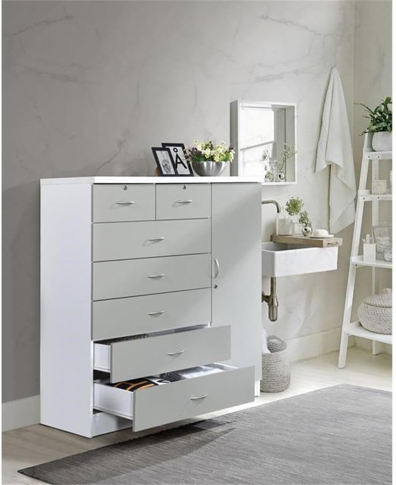 BOWERY HILL 7-Drawer Chest with Locks, Adjustable Shelves & Hanging Rod, Gray Wood, 48.6 in. H x 47.2 in. W x 17.6 in. D, Metal Roller Glides, Safety Stops, Side Door Storage, Bedroom Furniture