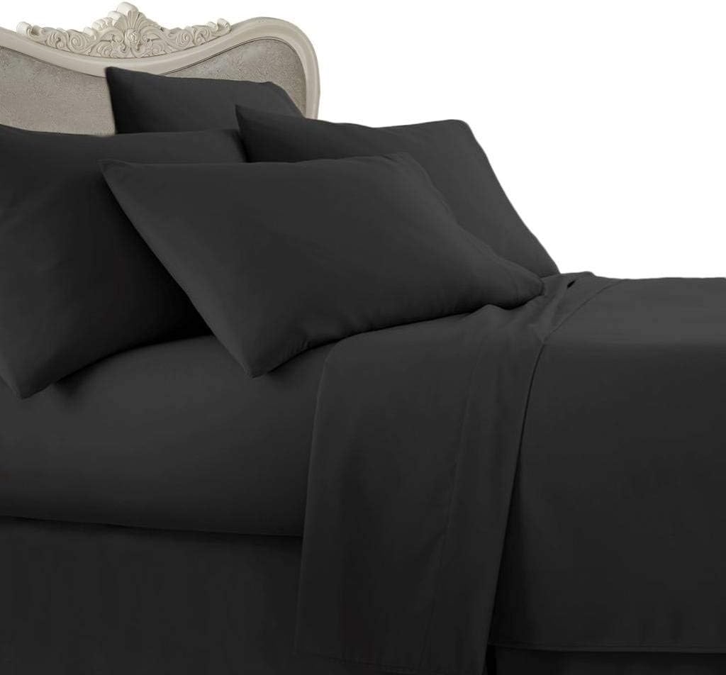 Split-Queen Sheets for Adjustable Bed Super Soft 1800-TC Heavy Egyptian Cotton 5-Piece Sheets Set Fits 24-26' Fully Elastic Deep Pocket (Solid, Black)