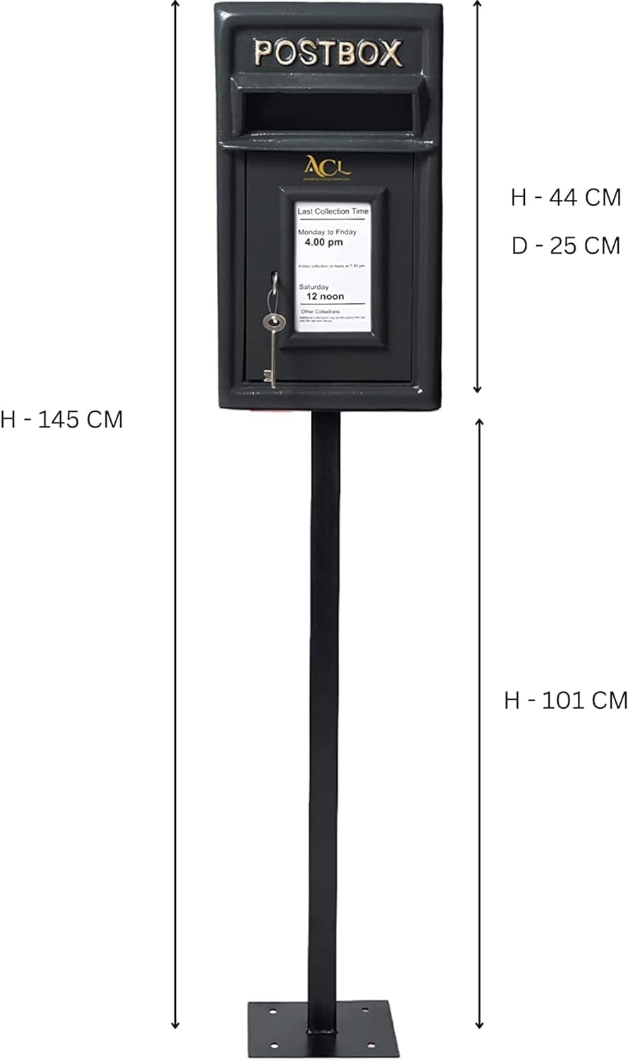Post Box Classic Black Large Letter Box Lockable with 2 Keys, Pole Mounted Heavy Duty Cast Iron Mail Box for Home Weatherproof Mailbox Easy to Install, 44 x 24 x 25 cms, 12.8 kg