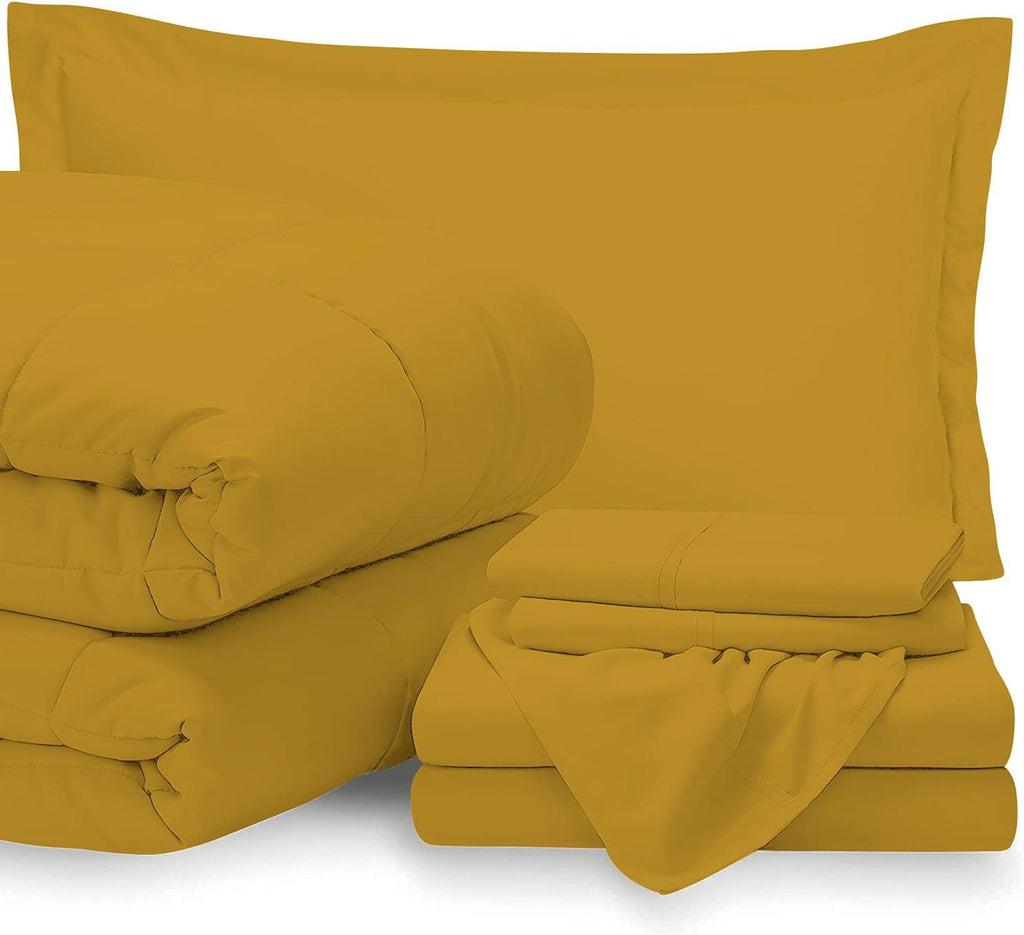 7 Piece Bed-in-A-Bag Comforter & Sheet Set 8-10' Deep Pocket, 100% Egyptian Cotton Queen Size, Gold, Sets Include - 1Comforter, 1Flat Sheet,1Fitted Sheet, 2Pillowcase & 2Pillowsham