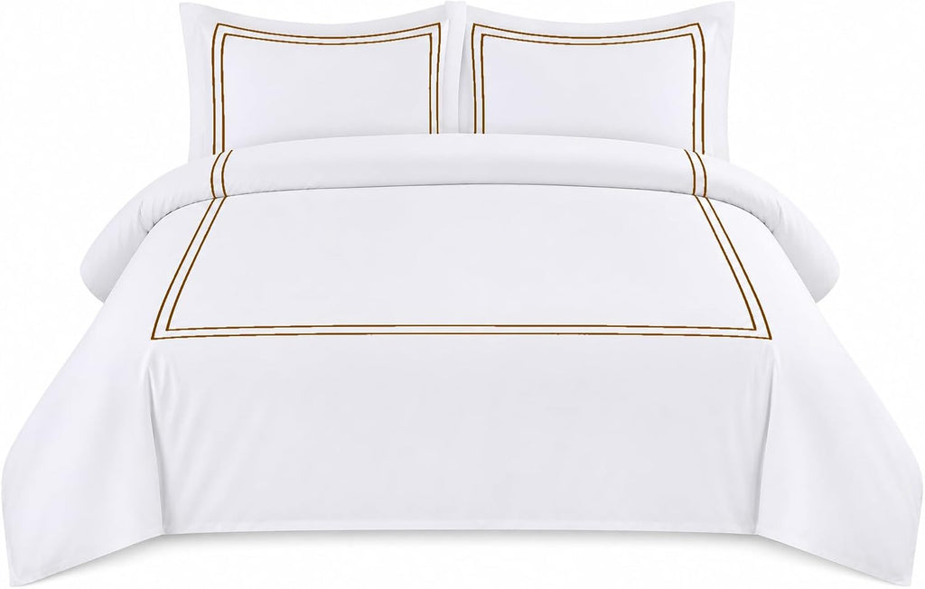 BedDecor Luxury 400-TC Egyptian Cotton 5PC Embroidered Duvet Cover Set with Beautiful 2-Stripe Embroidery(Chocolate, Full/Queen)