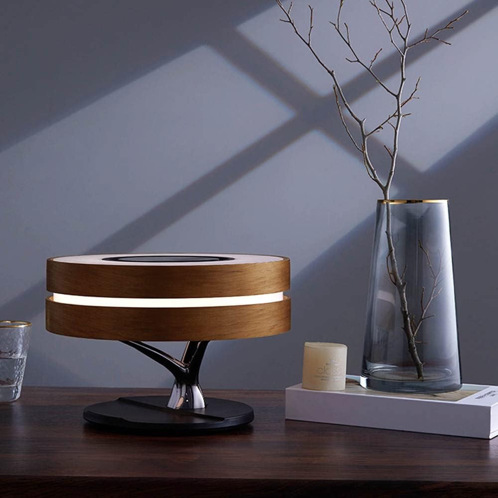 Bonsai Modern LED Bedside Smart Table Lamp with Built-in TWS Bluetooth Speaker and Qi Wireless Charger for Home and Office, Stepless Dimming with Sleep Mode (Circle of Light)