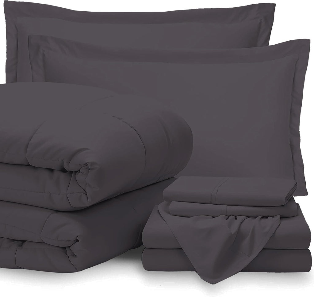 GOKOCO 7 Pieces, Bed in a Bag Bedding Sets Queen Size 100% Egyptian Cotton 800 Thread Count 400GSM Fiber Fill Comforter Set with Sheet Set 15' Deep Pocket - Dark Grey Solid
