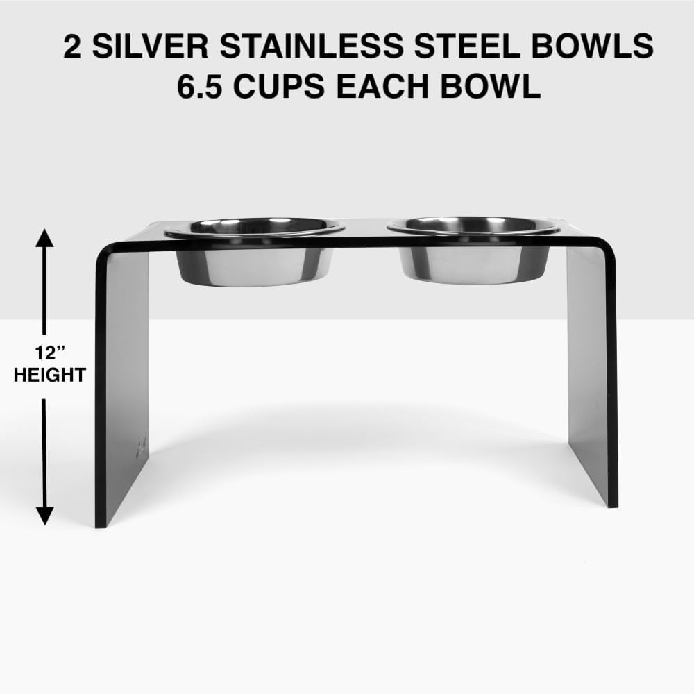 Hiddin Double Elevated Dog Bowl Stand for Medium or Large Dogs, All Breeds, Smoke Grey Acrylic 12 Inch Raised Dog Bowl Stand with Two Stainless Steel Bowls for Food and Water - 6.5 Cups Each Dish