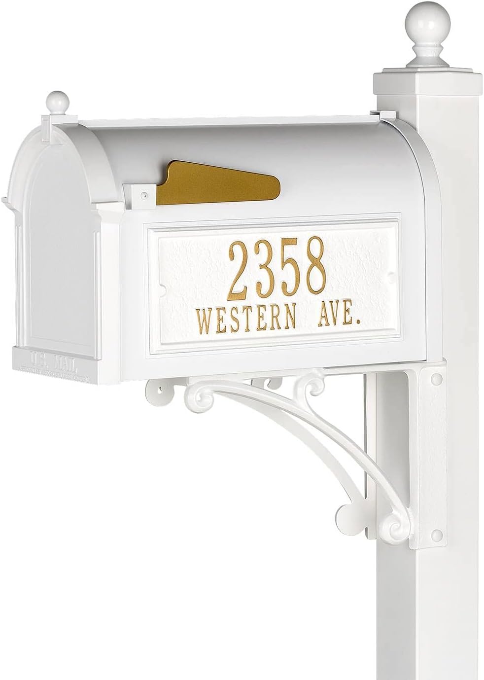 Whitehall Custom Extra Large Mailbox - Capitol Model with Address Plaque and Side Mount Post Package, Sand Cast Aluminum, White Personalized in Goldtone