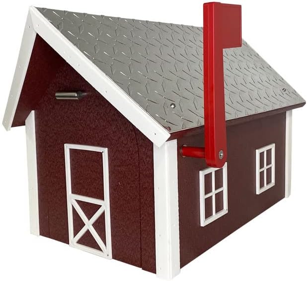 Amish Recycled Plastic Deluxe Mailbox, Cherrywood & White, Extra Large Barn-Style Mailbox with Diamond Plate Metal Roof, Durable Poly Lumber Construction, Post Mount, Made in USA