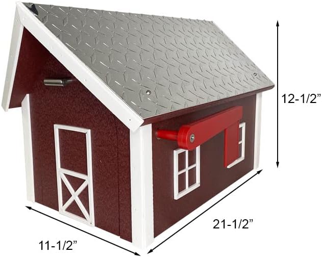 Amish Recycled Plastic Deluxe Mailbox, Cherrywood & White, Extra Large Barn-Style Mailbox with Diamond Plate Metal Roof, Durable Poly Lumber Construction, Post Mount, Made in USA