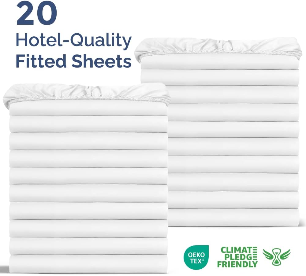 Bulk Case Pack of 16 Fitted Sheets - (16) Split King Size Fitted Sheets with Deep Pockets - Wholesale Bulk Bedding for Hotels, Spas & Airbnbs - Breathable, Cooling & Wrinkle Free - (Split King, White)