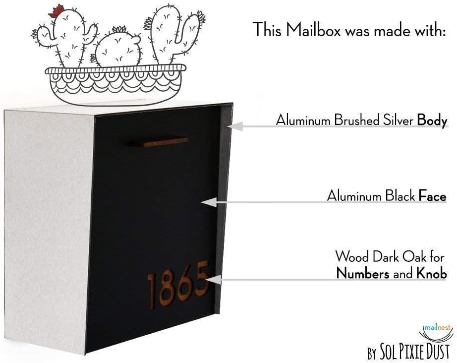 Wall Mounted Mailbox - Aluminum (ACP) Black Aluminum Face, Brush Silver Body and Wood Dark Oak Numbers - Modern Design - Custom Mailbox - Postbox - Letterbox - Mailnest Type 1