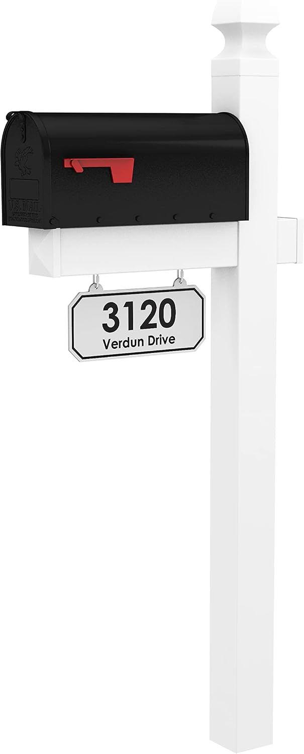 The Loudon Mailbox with Post Included - Black Metal Mailbox with White Vinyl Post Combo Complete System - Blank Address Plate Included - Numbers Sold Separately