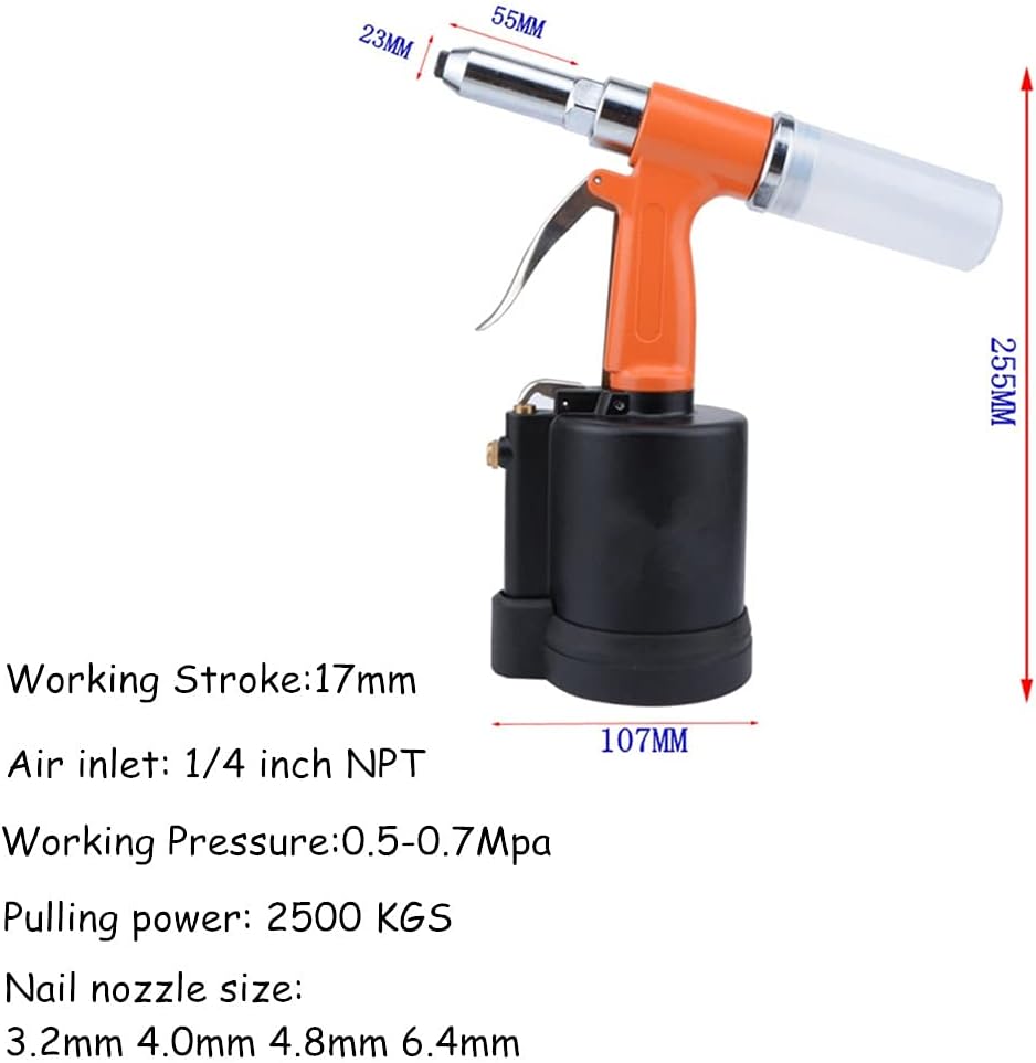 Pneumatic Rivet Gun Hydraulic Air Riveter Tool Labor Saving Rivet Riveting Nut Nail Insert Hand Tool Set, 1/4 Inch Rivet Gun Heavy Duty Pneumatic Hydraulic Rivet Tool Accessories DIY