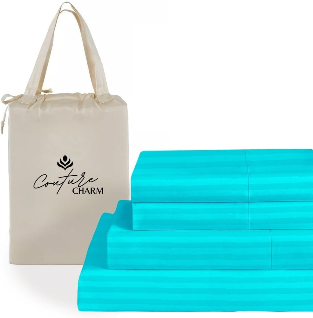 Queen Size 1000 Thread Count 100% Egyptian Cotton Sheet Set, 4-Piece, Sateen Weave, with 10-12'' Deep Pocket Snug Fit (Stripe, Turquoise)