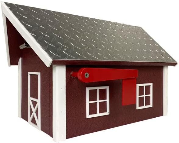 Amish Recycled Plastic Deluxe Mailbox, Cherrywood & White, Extra Large Barn-Style Mailbox with Diamond Plate Metal Roof, Durable Poly Lumber Construction, Post Mount, Made in USA