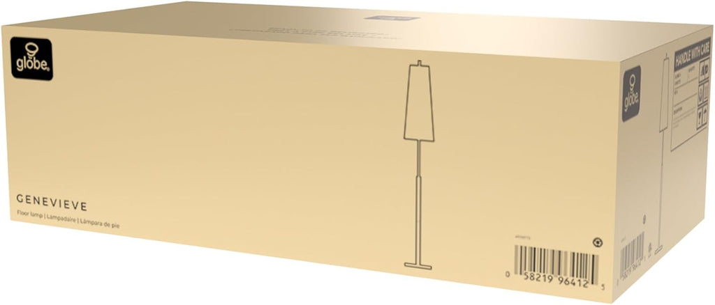 Globe Electric 61000173 63' Floor Lamp, Matte Brass, Wood Toned Accent, Long White Fabric Shade, in-Line On/Off Foot Switch, 6.7-Foot Clear Cord, 1-Light, 60W E26/Medium Base Bulb