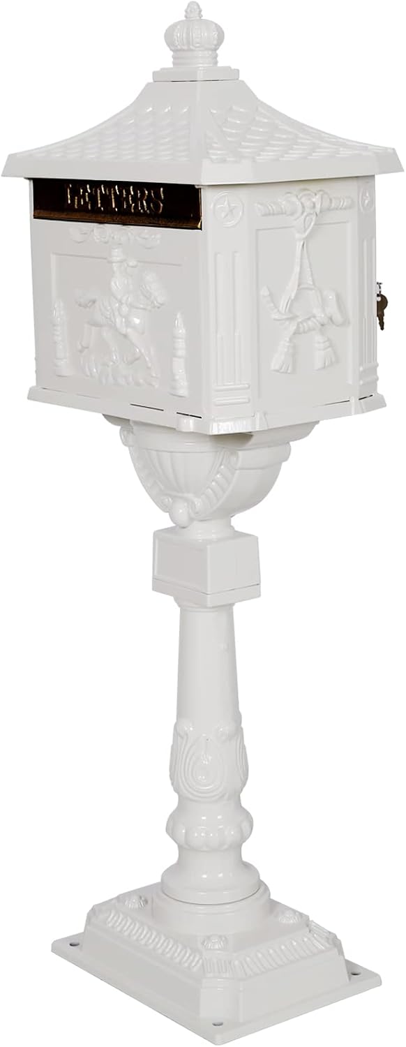 Montary Cast Aluminum Mailbox with Post, Heavy Duty Locking Security Mail Box for House Outside, Vintage Rust-Proof Large Postal Box with Keys & Baffle Door Postal Mailbox (White)