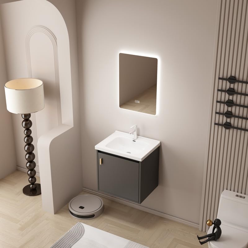 20' Small Bathroom Vanity Wall Mounted,Small Bathroom Vanity with Ceramic Sink, Modern Bathroom Vanity with Soft-Close Drawers, Chrome Faucet, Pop up Drain, P-Trap (Grey)