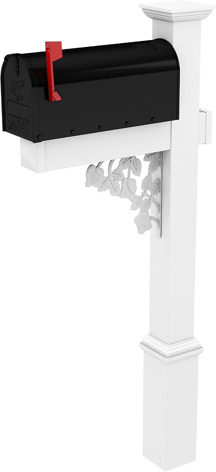 4Ever Products The Nixon Vinyl/PVC Mailbox Post (Includes Mailbox) Complete Decorative Curbside Mailbox System with Classic Traditional Style (Black Mailbox)