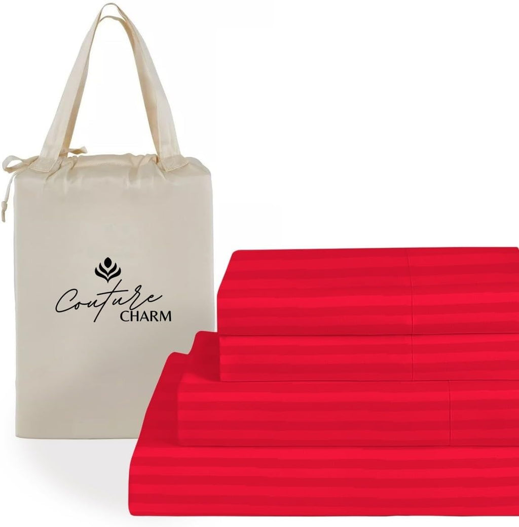 Queen Size 1000 Thread Count 100% Egyptian Cotton Sheet Set, 4-Piece, Sateen Weave, with 10-12' Deep Pocket Snug Fit (Stripe, Red)