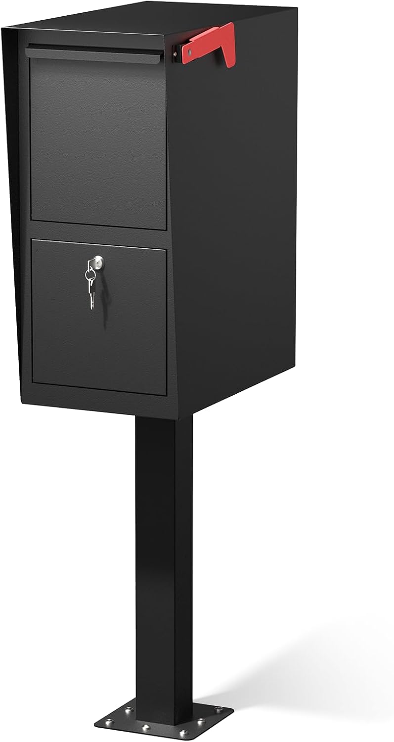 Secure Curbside Locking Mailbox for Packages, Weekend-Away Design with In-Ground Post and Base Plate (Black)