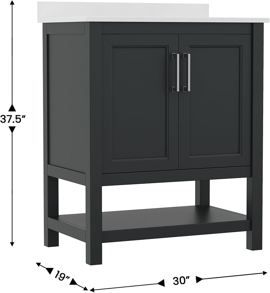 Flash Furniture Vega 30 Inch Bathroom Vanity with Sink Combo, Storage Cabinet with Soft Close Doors and Open Shelf, Carrara Marble Finish Countertop, Black
