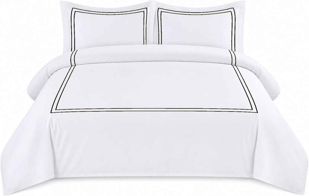 BedDecor Luxury 400-TC Egyptian Cotton 5PC Embroidered Duvet Cover Set with Beautiful 2-Stripe Embroidery(Black, Full/Queen)