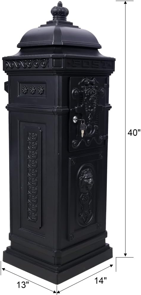 Copper Mailbox, Large Lockable Package Drop Box with Roman Statue, Rustproof Cast Aluminum Mail Boxes for Outside, Vintage Post-Mount Design, Weatherproof & Elegant Garden Letter Box (Black)