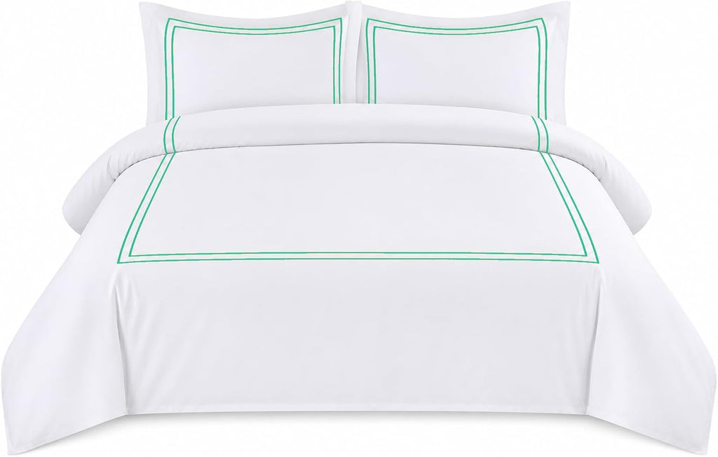 BedDecor Luxury 400-TC Egyptian Cotton 5PC Embroidered Duvet Cover Set with Beautiful 2-Stripe Embroidery(Aqua Green, Full/Queen)