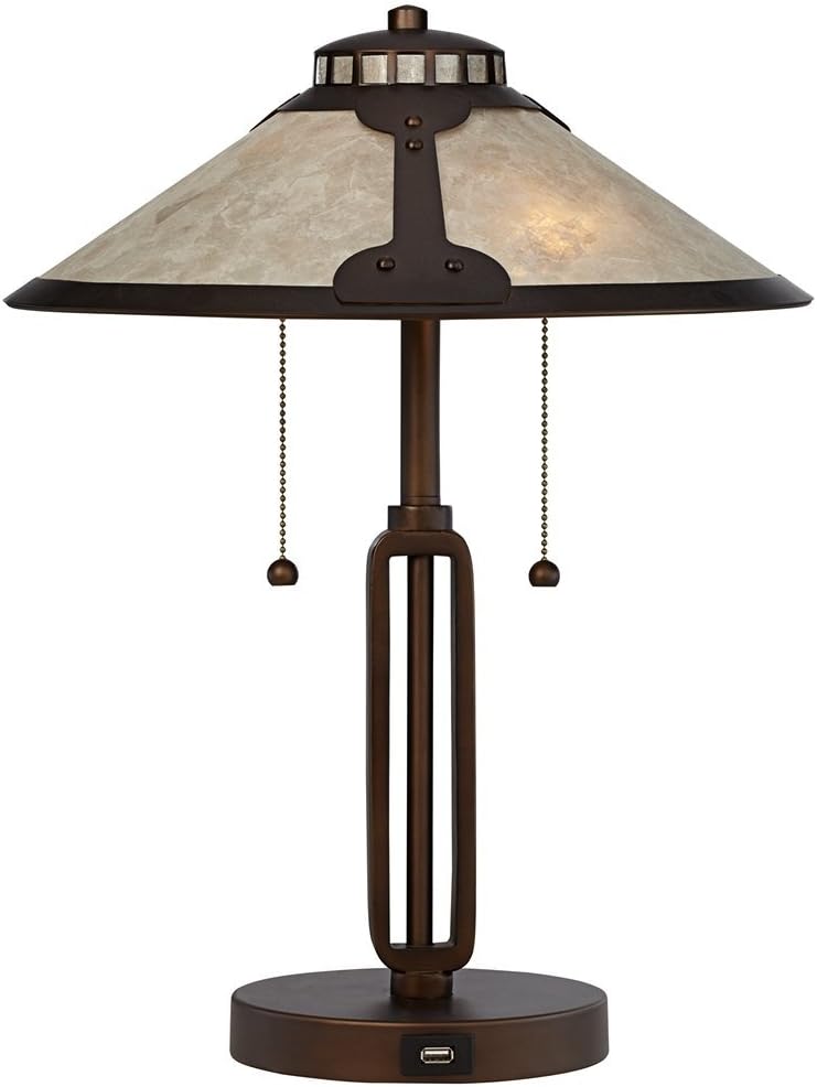 Franklin Iron Works Samuel 20' High Industrial Mission Hotel Style Desk Table Lamp with USB Ports A+C Charging Rubbed Bronze Natural Mica Shade for Living Room Bedroom House Bedside Nightstand Home