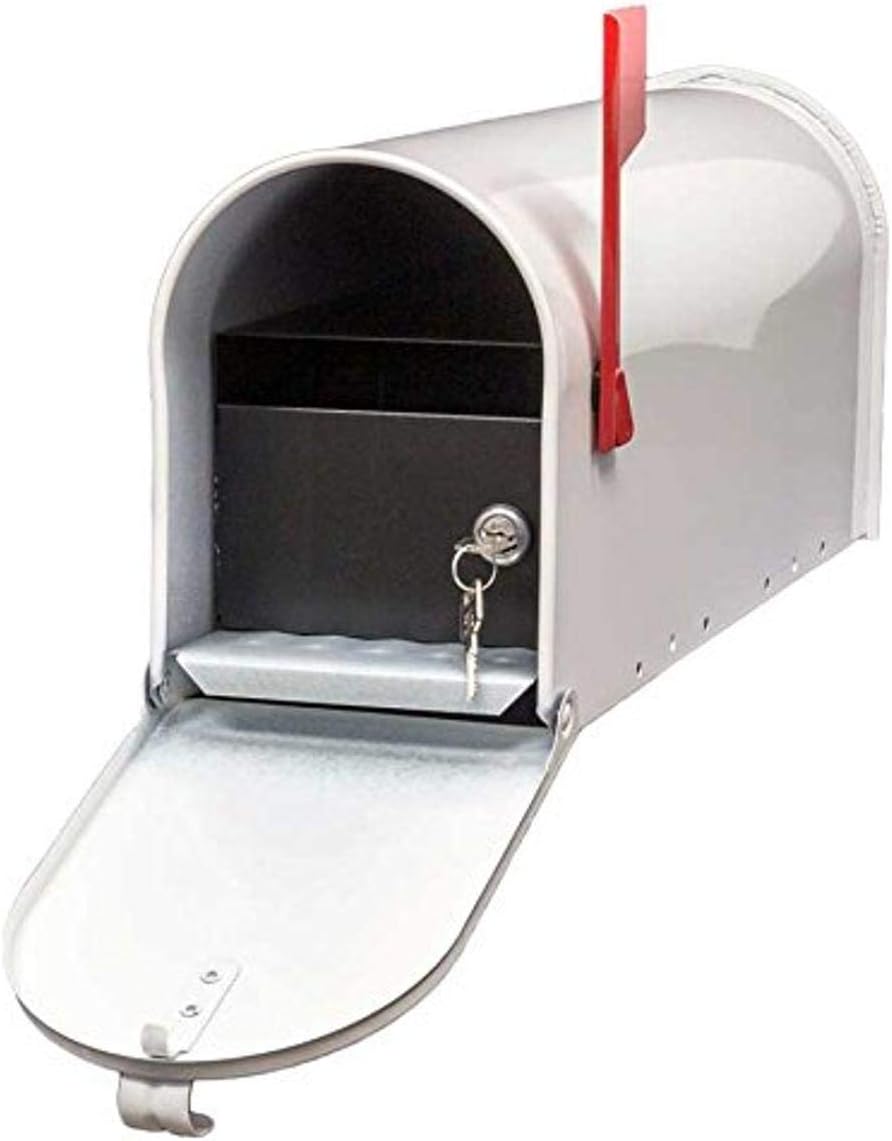 E1-MLBX-LKIT-WHT Rust Proof Galvanized Steel Mailbox with Locking Insert, Steel Latch & Red Aluminum Flag, White